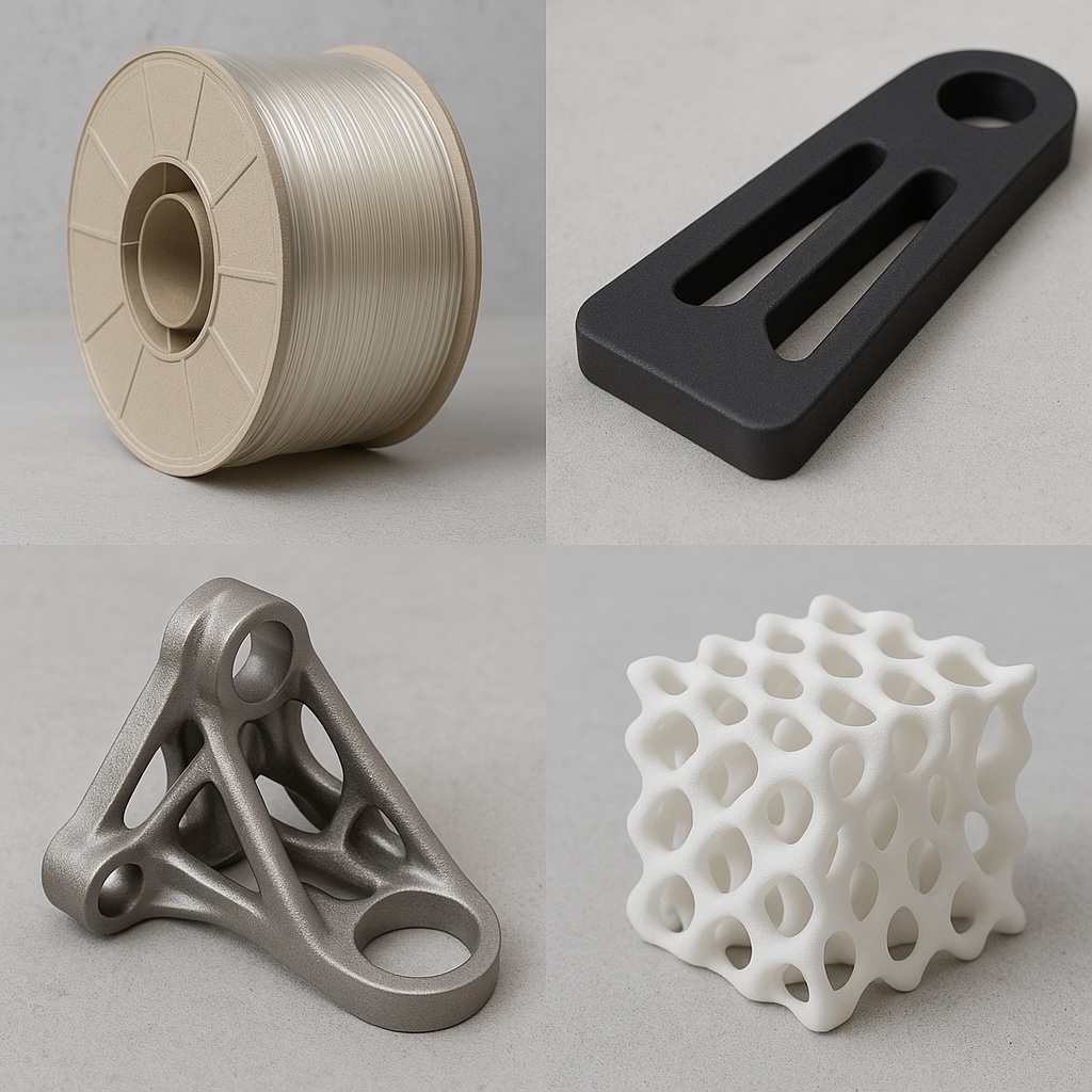 Matériaux utilisés en impression 3D : bobine de filament, pièce composite, pièce métallique, structure en céramique